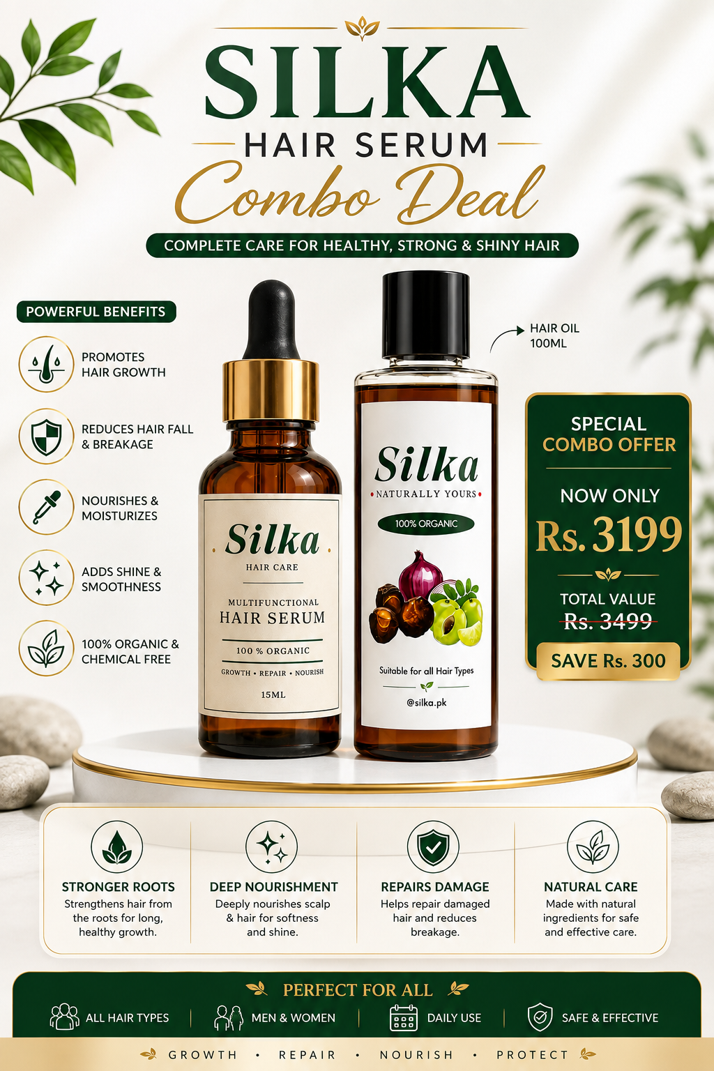 Silka Hair Care Combo Deal – Multifunctional Hair Serum (15ml) + 100% Organic Hair Oil (100ml)