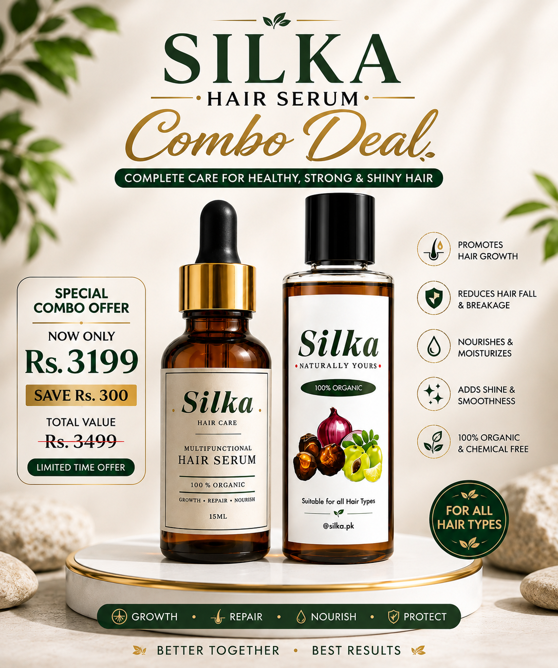 Silka Hair Care Combo Deal – Multifunctional Hair Serum (15ml) + 100% Organic Hair Oil (100ml)